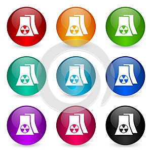 Nuclear power plant icon set, colorful glossy 3d rendering ball buttons in 9 color options for webdesign and mobile applications