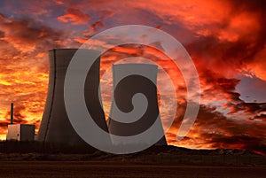 Nuclear power plant with an intense red sky