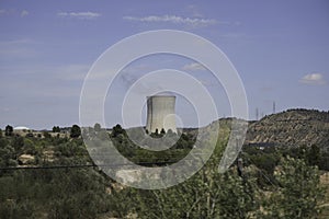 Nuclear power plant on the Rio Ebro in Spain with a cooling tower in a nice landscape