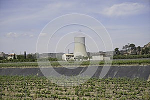 Nuclear power plant on the Rio Ebro in Spain with a cooling tower in a nice landscape