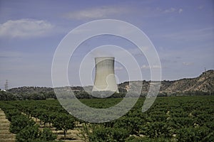 Nuclear power plant on the Rio Ebro in Spain with a cooling tower in a nice landscape photo