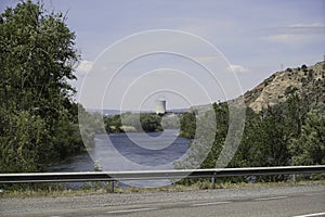 Nuclear power plant on the Rio Ebro in Spain with a cooling tower in a nice landscape photo