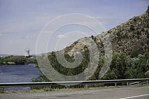 Nuclear power plant on the Rio Ebro in Spain with a cooling tower in a nice landscape photo