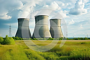 Nuclear power plant and scenic landscape with fields and blue sky
