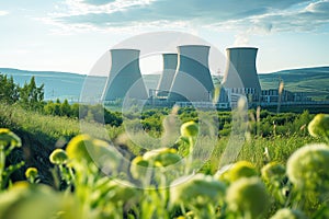 Nuclear power plant and scenic landscape with fields and blue sky