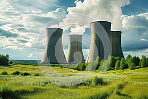 Nuclear power plant and scenic landscape with fields and blue sky