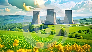 Nuclear power plant and scenic landscape with with yellow rapeseed fields and blue sky