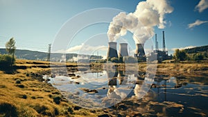 A nuclear power plant with smoke coming out of it. Generative AI.