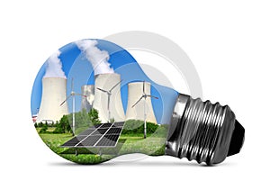 Nuclear power plant with solar panel and wind turbines in lightbulb