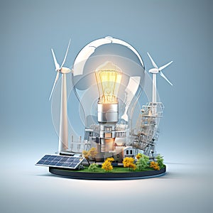 Nuclear power plant solar panels and wind turbines energy generator