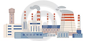 Nuclear power plant with towers, energy generators. Electric station building, powerhouse