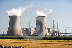 Nuclear power plant with towers and reactors in the background.