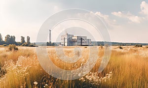 Nuclear power plant with yellow spikelet field and blue clouds made with generative AI