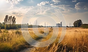 Nuclear power plant with yellow spikelet field and blue clouds made with generative AI