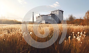 Nuclear power plant with yellow spikelet field and blue clouds made with generative AI