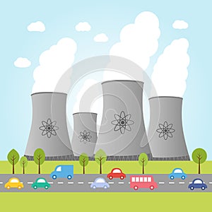 Nuclear power plants with road and cars