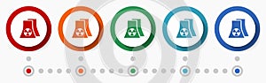 Nuclear power station concept vector icon set, infographic template, flat design colorful web buttons in 5 color options