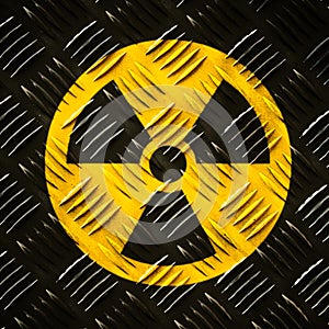 Nuclear radioactive ionizing radiation round yellow black danger symbol painted massive steel checker metal diamond plate wall