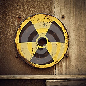 Nuclear radioactive round yellow danger symbol painted on a massive rusty metal wall with dark rustic grungy texture
