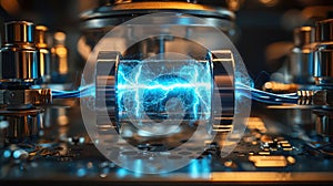 Nuclear reaction or plasma in equipment of physical lab, blue energy impulses and electrical discharges close-up. Concept of photo