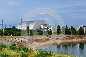 Nuclear reactor of Chernobyl power plant next to Pripyat river, 4th reactor with sarcophagus Exclusion Chernobyl zone Ukraine