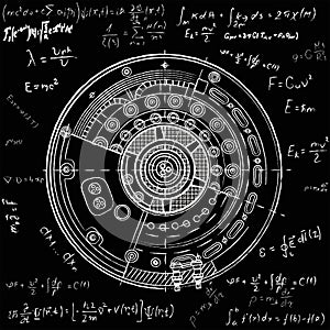 Nuclear reactor cold fusion drawings with formulas. It illustrates the idea of green energy, nuclear energy development