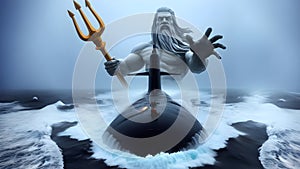 A nuclear submarine and the god Poseidon during a storm