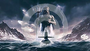 A nuclear submarine and the god Poseidon during a storm