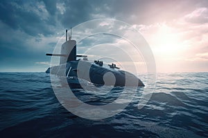 Nuclear submarine surfaced in the ocean. Created with Generative AI technology photo