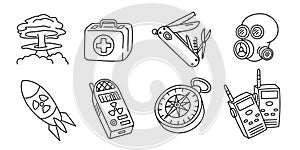 Nuclear war survival kit. Editable stroke. Post apocalypse line icon set.