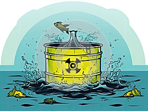 nuclear waste barrel on the sea with fishes