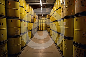 nuclear waste storage facility, with barrels of radioactive material and security measures