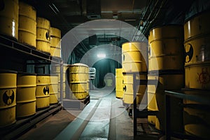 nuclear waste storage facility with radiation signs and warning symbols