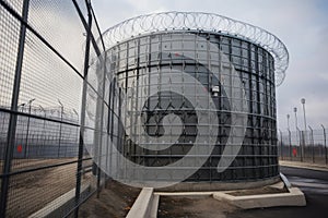 nuclear waste storage tank, surrounded by high security fence and cameras