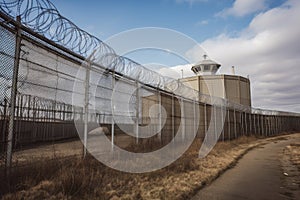 nuclear waste storage tank, surrounded by high security fence and cameras