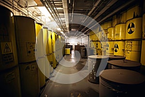 nuclear waste, with warning signs and fences, stored in secure underground facility