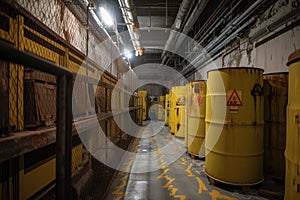 nuclear waste, with warning signs and fences, stored in secure underground facility