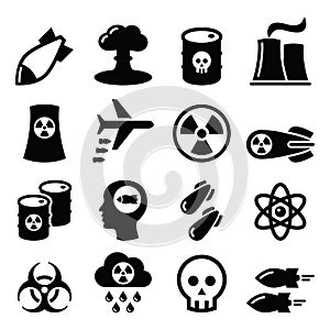 Nuclear weapon, nuclear factory, war, bombs icons set