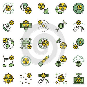 Nuclear Weapons in Space concept colored icons set. Nuclear Bomb, Space-Based Nukes and Radiation creatiive vector signs photo