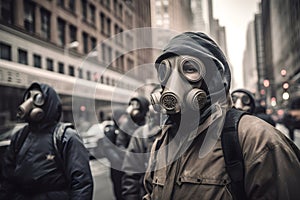 Nuclear winter after atomic bomb blow. Nature world disaster. Man in gas mask. Biohazard