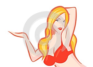 Nude Blonde Woman in red Bra on white background