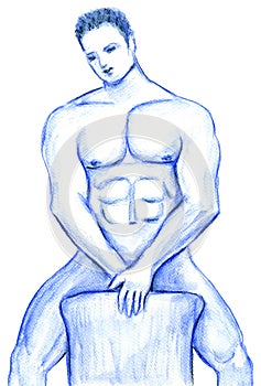 Nude Male Behind a Chair Illustration in Blue