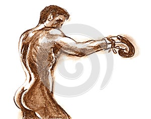 Nude Male Boxer Watercolor Illustration in Sepia Brown