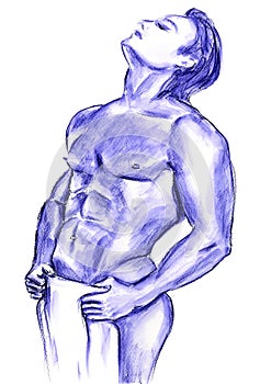 Nude Male Holding Towel with Euphoric Expression Illustration in Purple