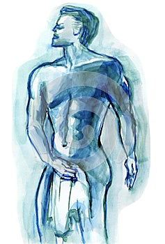 Nude Male in Towel Checking out Others Illustration in Blue Green