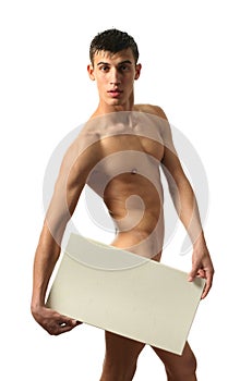 Nude Man Covering with Copy Space Blank Banner