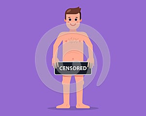 nude man holding a censored sign.