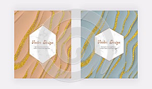 Nude and pastel blue liquid ink with golden glitter design cards with geometric white marble frames.