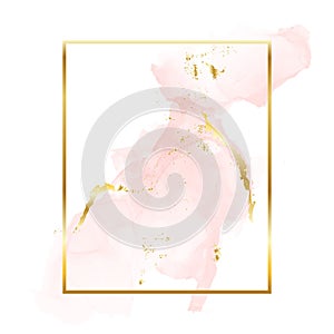Nude rose gold brush strokes in rectangle foil contour frame. Watercolor rose gold blush texture template
