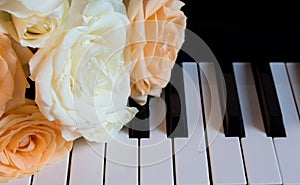 Nude and white beautiful roses on the piano. Flowers on a musical instrument. Greeting card. International women`s day, mother`s